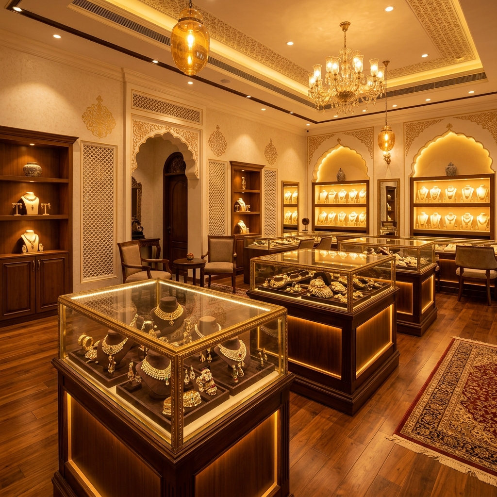 Inside Nem Kumar Ashok Kumar Jewellers showroom — warm amber lighting, glass display cases with gold jewellery