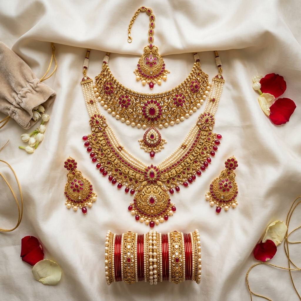 Elaborate Indian bridal jewellery set with maang tikka, necklace, earrings and bangles on ivory silk