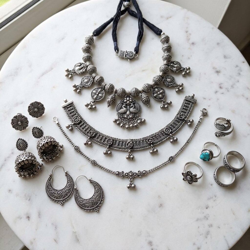 Oxidised Indian silver jewellery collection including anklets, necklace and rings on white marble