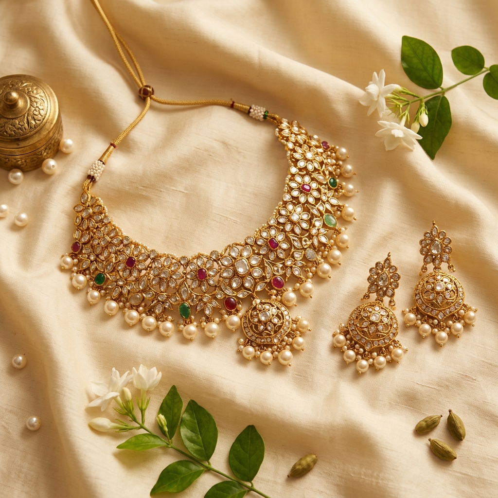 Luxury Kundan gold necklace with pearl earrings on warm ivory fabric — Nem Kumar Ashok Kumar Jewellers, Lucknow