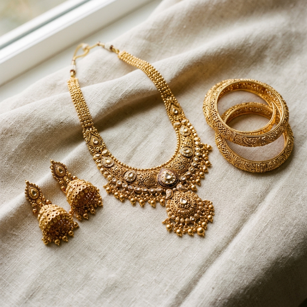 22K antique gold necklace with intricate temple design and dangling pearl drops